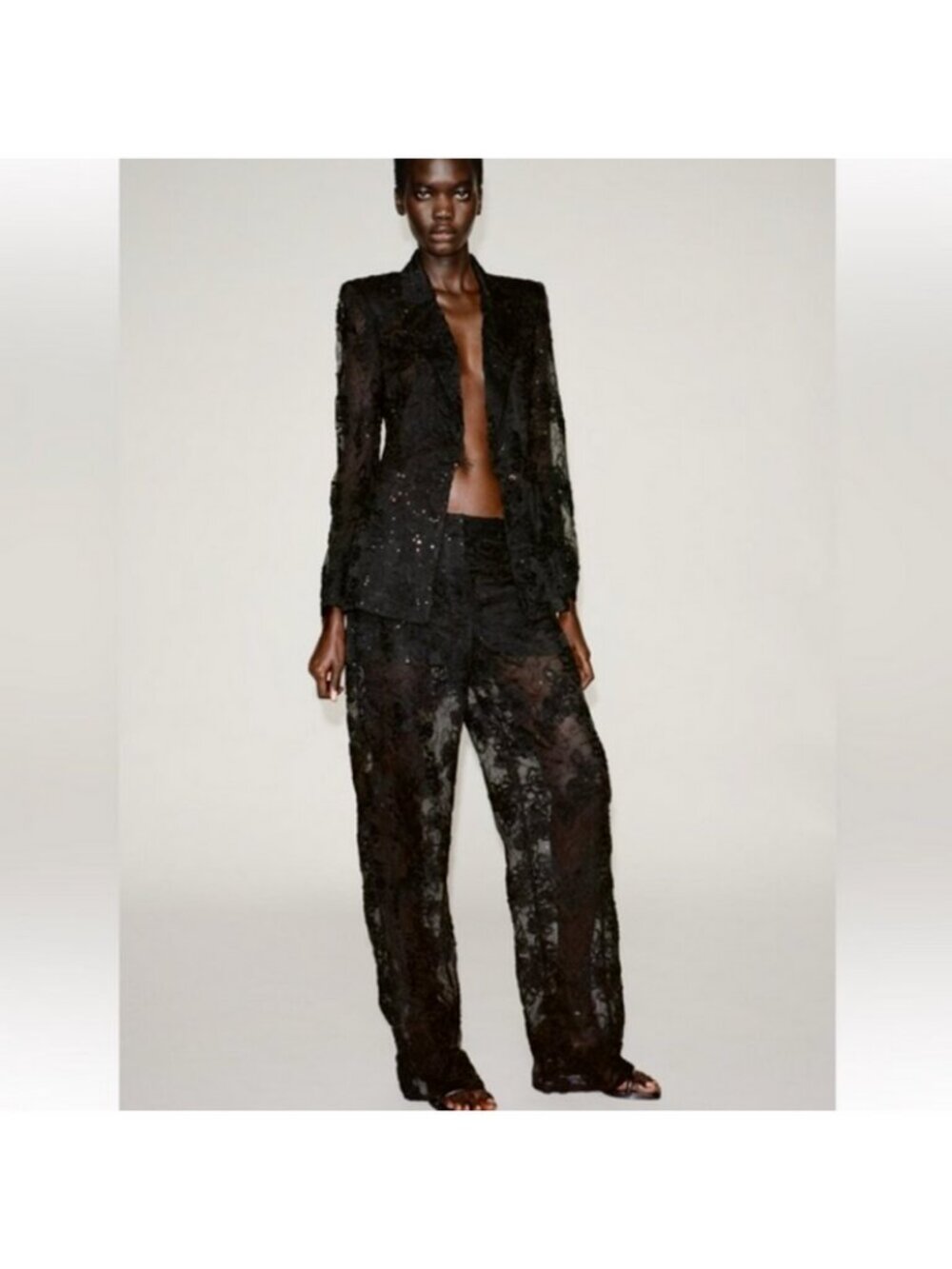 Zara Black Sheer Lace Wide Leg Pants